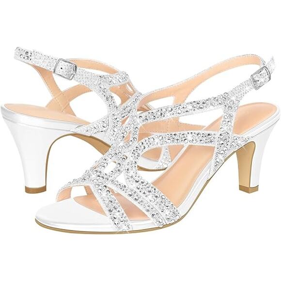 Pizz Annu Womens Size 9 White Silver Sparkle Open Toe 3" Slingback Heel Shoes - Picture 2 of 6